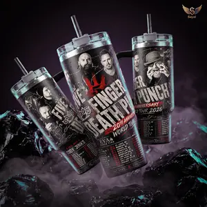Five Finger Death Punch 20th Anniversary World Tour 2026 40 oz Vacuum Insulated Tumbler with Handle Straw, Band Members Graphic Keeps Drinks Hot/Cold Stainless Steel Travel Mug Metal Fans Rock Music Lovers