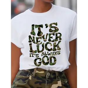 Womens Cotton Short Sleeve Graphic Tee Its Never Luck Its Always God Camo Print Faith Shirt Casual Summer Outfit Streetwear Top For Daily Wear