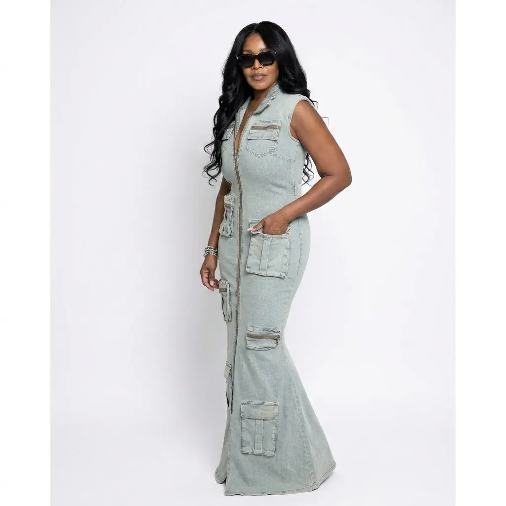 Women's Denim Cargo Dress - Casual Summer Style, Adjustable Split Zip