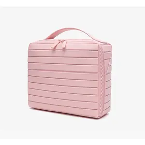 Waterproof PVC Toiletry Bag, Large Capacity Travel Makeup Organizer with Multi Compartments & Brush Holder, Stylish Striped Portable Cosmetic Pouch, Durable Zipper Storage for Women, Home & Travel,YM100