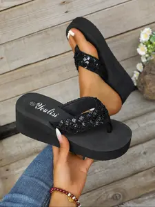 Sparkling Sequins Women's Large Size Toe Thong Higher Platform Sandals, Summer Outdoor Casual Wedge Slippers, Elevating Thick Sole, Fashionable Glitter Sandals