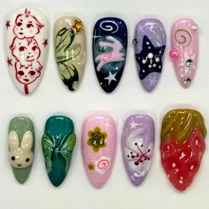 10 Pcs 3D Cartoon Almond Shape Nail Tips, Rabbit Butterfly Strawberry Design, Glossy Reusable False Nails, Y2K Style, Party & Daily Wear