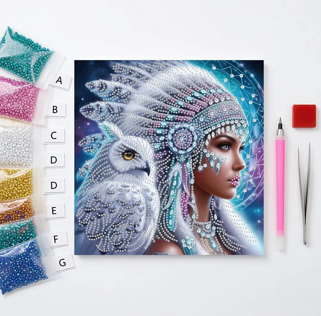 Native Woman Owl 5D Partial Diamond Painting Kit for Adults & Beginners – Special Shaped Crystal Diamond Art, DIY Sparkling Gem Mosaic Canvas, Frameless Home Wall Decor & Creative Gift, 12 x 12 Inch