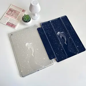 Silver blue gradient starry sky whale, with adjustable stand and pen slot, foldable anti slip TPU protective case, suitable for Samsung, iPad mini, iPad Air, iPad Pro/iPad 10th generation, 11th generation and other series of iPad protective cases