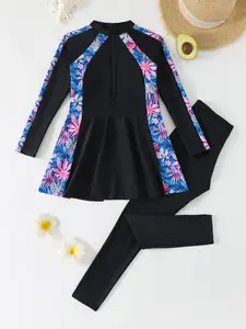 Girls' Leaf Print Design Long Sleeve Patchwork Detailing Dress, Sporty Two-Piece Swimsuit Set, Slim-Fitting Beachwear for All Seasons, Swimwear Sets, Swimwear Outfits