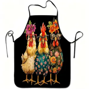 [Floral Print with Glasses] Funny Chicken Apron 1pc - Cute Hen Design, Adjustable Waistband, Durable Easy-Clean Polyester for Kitchen, Gardening, Christmas & Halloween