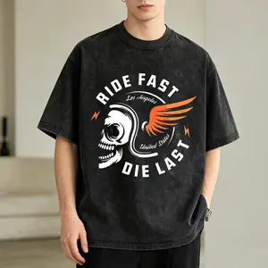 Men's Vintage Washed T-Shirt Ride Fast Die Last Skull Wing Oversized Graphic Tee Outdoor Casual Short Sleeve