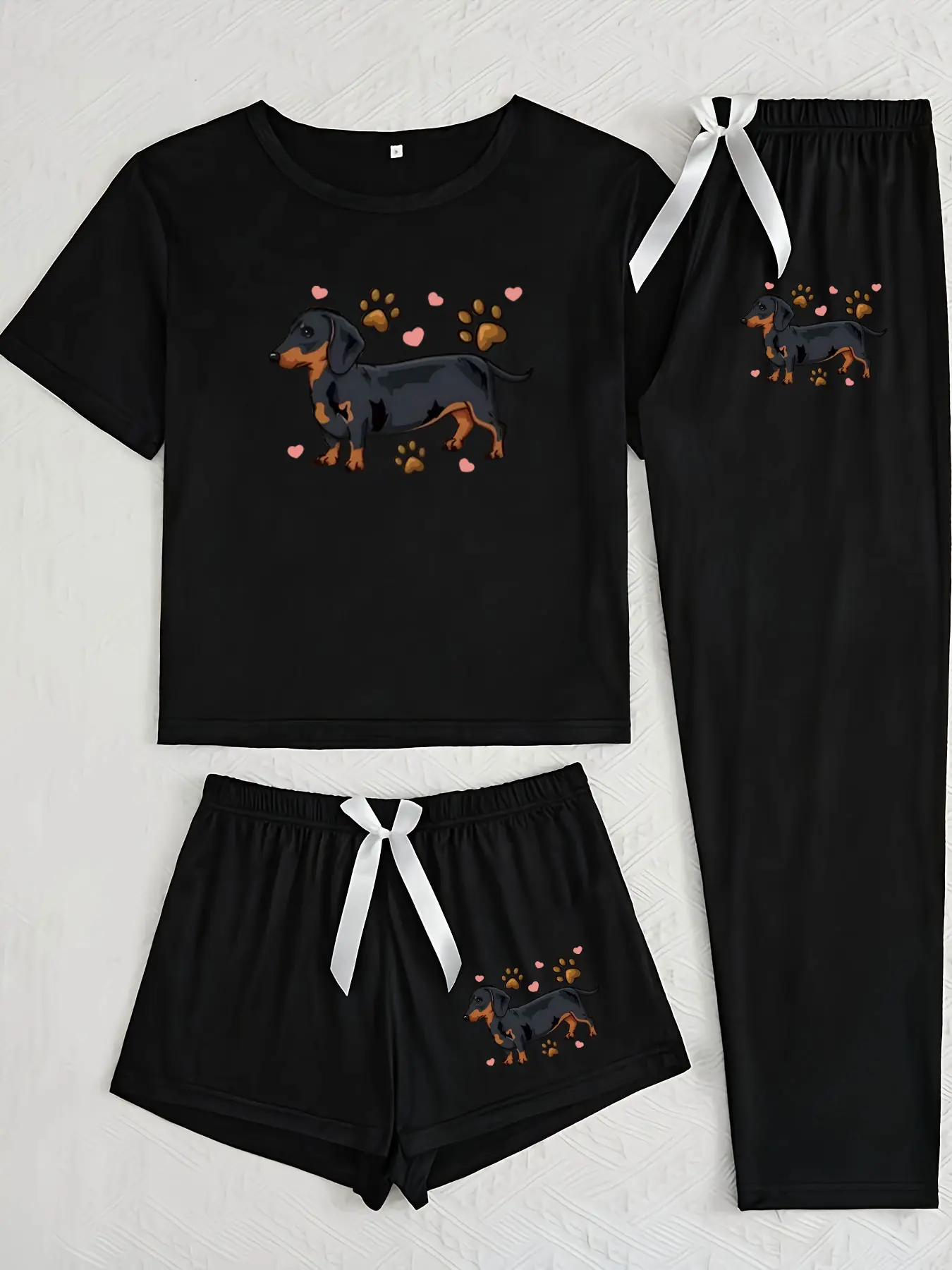 Women's Cartoon Sausage Dog Print Pajama Set, Casual Fitted Sleepwear, All Seasons Comfortable Nightwear, Moderate Fabric Thickness, Knit