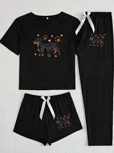 Women's Cartoon Sausage Dog Print Pajama Set, Casual Fitted Sleepwear, All Seasons Comfortable Nightwear, Moderate Fabric Thickness