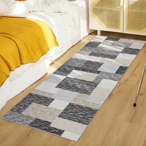 GARVEE Modern Runner Rug 2x6 ft Geometric Patchwork Hallway Carpet with Non-Slip Backing, Washable Low Pile Area Rug, Foldable Contemporary Runner for Kitchen, Bedroom, Laundry in Gray and Camel