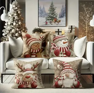 Festive Christmas Pillow Covers 4pcs 18x18 Inch Gingerbread Snowman Santa Claus Holiday Patterns Polyester Zippered Machine Washable Ideal for Sofa Bedroom Decor