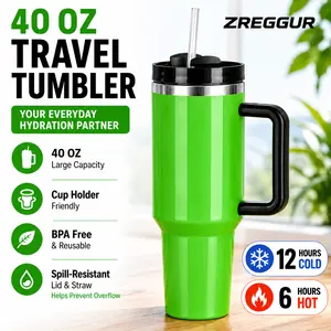 ZREGGUR 40oz Portable Insulated Stainless Steel Thermal Tumbler - Sturdy Silicone Handle, Straw, Neon Double Wall, Spill-Proof, Cup Holder-Friendly Stylish Water Bottle, Adult Gift (Green), Water Bottles