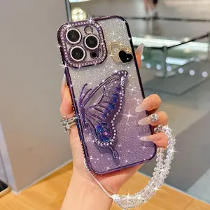 Glitter Butterfly Design Phone Case with Chain, Rhinestone Decor Phone Protective Cover, Protection, Phone Accessories Compatible with iPhone 15 14 13 12 11 Pro Max, Casing, Cellphone, Smartphone Protector
