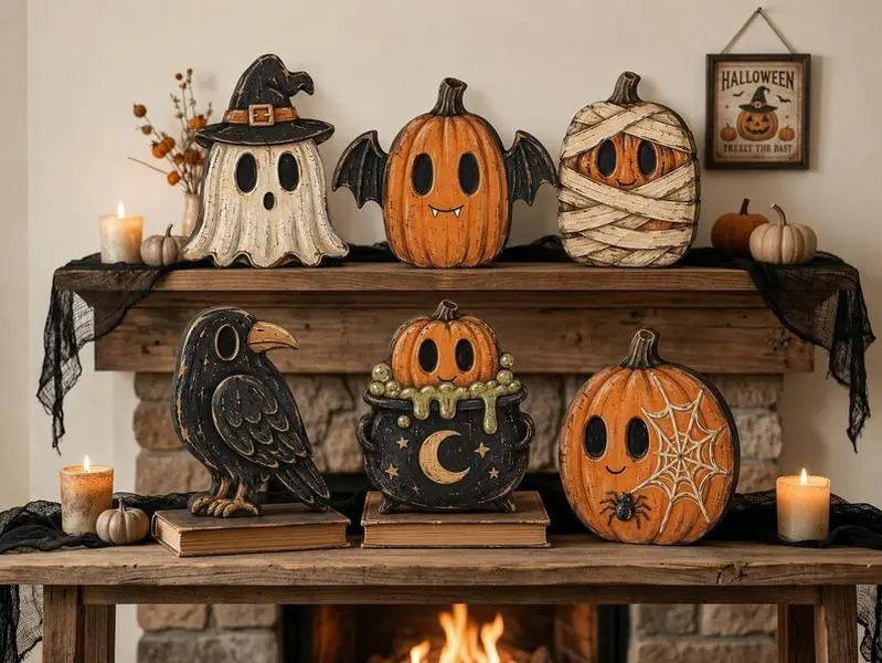 Halloween Wooden Shelf Sitters  Spooky Farmhouse Tiered Tray Decor  Whimsical Fall Mantel Display