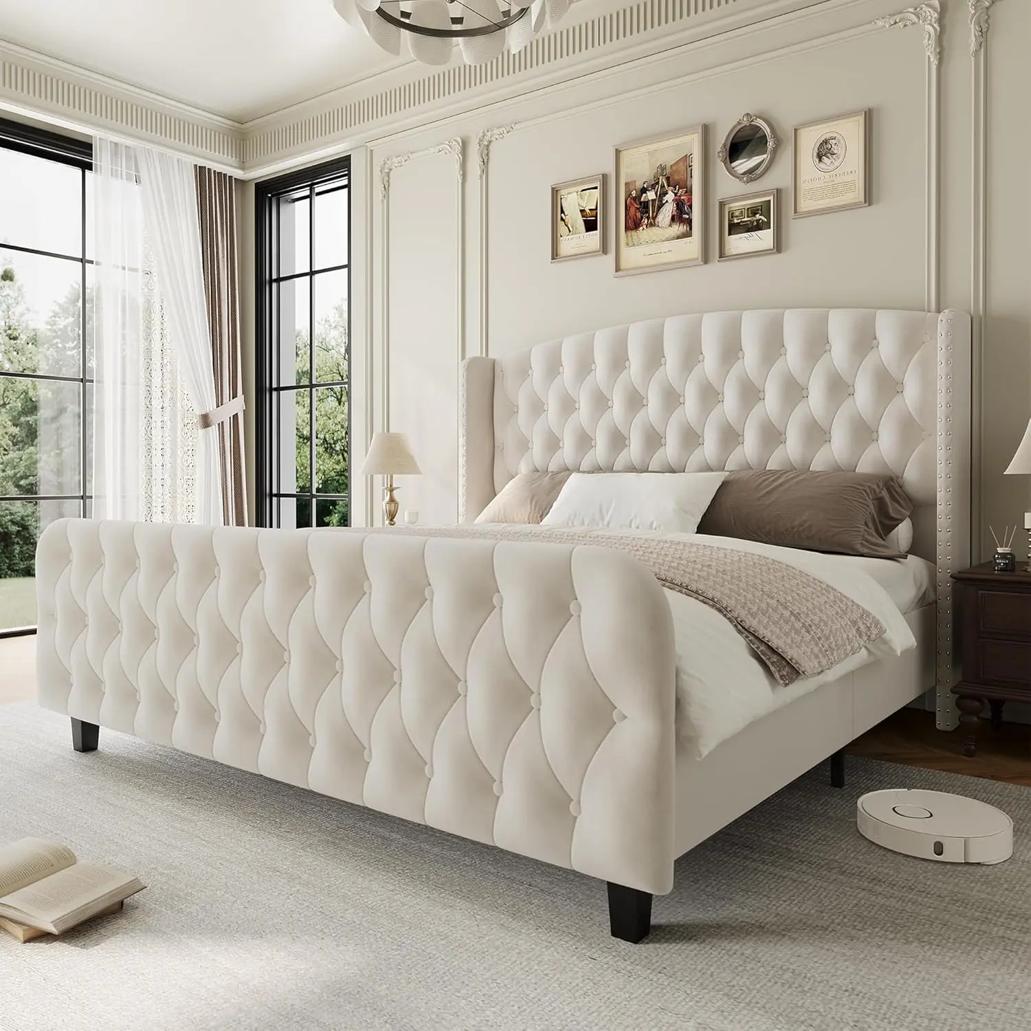 Cream Queen Upholstered Platform Bed Frame, 51in Tall Button-Tufted Wingback Headboard with Footboard, Velvet Design, Metal Steel Frame, Noise Reduction, No Box Spring Needed, Easy Setup, Upholstered Platform Bedframe