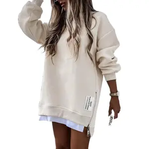 Women's 2025 Oversized Long-Sleeve Pullover Sweatshirt Dress - Drop Shoulder, Zipper Slit, Adjustable Cami, Skinny Vests Compatible, Polyester Comfortable Casual Clothes, Graphic Hoodie Design, Stylish Outfits
