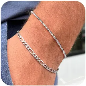 Silver Layered Chain Bracelets for Men, Size 7"/7.5"/8" Silver Rope Figaro Mens Bracelet Set Men Jewelry Gifts for Dad Boy Husband