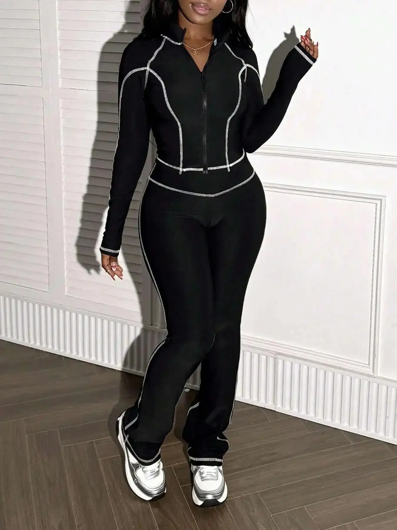 Versatile 2 Spring Fall Contrast Stitching Tracksuit Set Women| Zip Up Jacket   High Waist Flare Pants| Stretchy Slim Fit Y2K Hot Girl Athleisure Outfit for Gym Daily Streetwear Sets, tailored comfort, sleek line