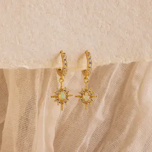 Pave Opal Star Huggies by Caitlyn Minimalist - Dangling Opal & Diamond Starburst Hoop Earrings - Celestial Jewelry - Birthday Gift for Her