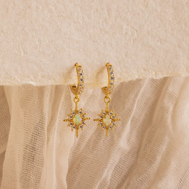 Pave Opal Star Huggies by Caitlyn Minimalist - Dangling Opal & Diamond Starburst Hoop Earrings - Celestial Jewelry - Birthday Gift for Her