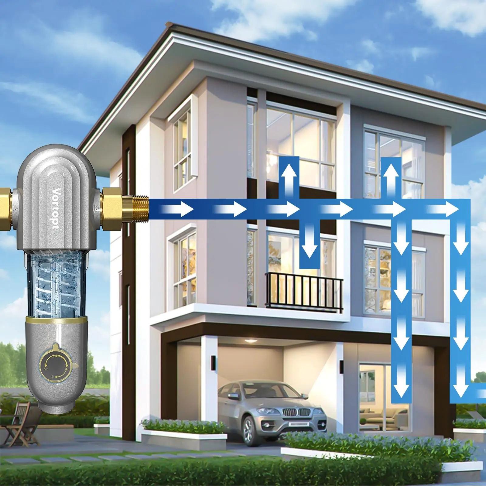 1. Vortopt Whole House Water Pre-Filter System Spin Down Sediment Filter for Main Water Line Protects Plumbing and Appliances