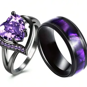 2pcs Heart-Shaped Couple Rings Purple Design | Matching Love Rings for Couples, Mom Gift, Engagement, Wedding, Anniversary, Valentine's Day