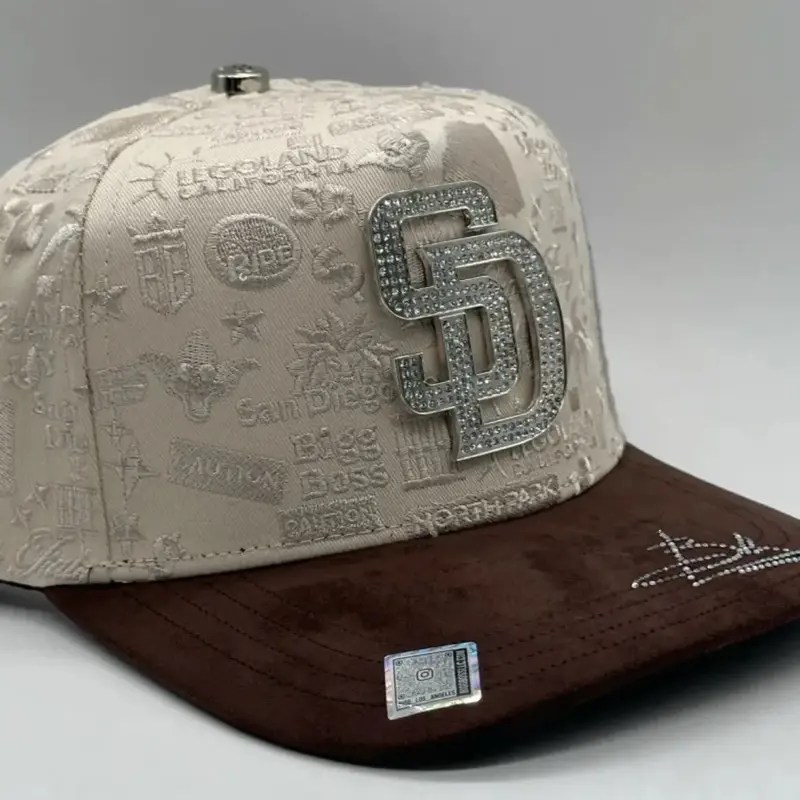 SD Cap - Brown Suede Brim with Rhinestone SD Logo, Embroidered Design, Adjustable Fit, Perfect for Casual Wear