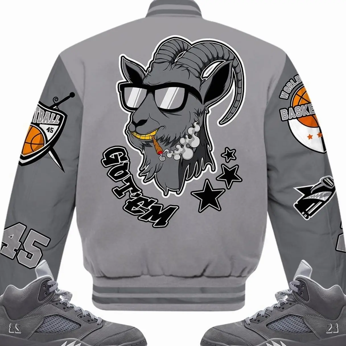 5 Wolf Grey Varsity Jacket, Retro Wolf Grey 5s Outfits, AIR Number