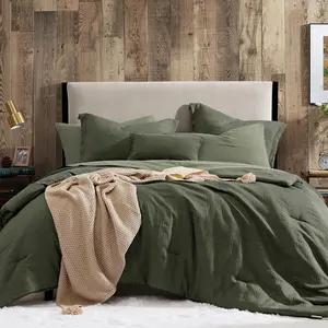 Geniospin Dark Olive Green Queen Comforter Set - 7 Pieces Comforter Queen Size, Solid Bedding Set for All Season, Textured Bed in a Bag with Sheets