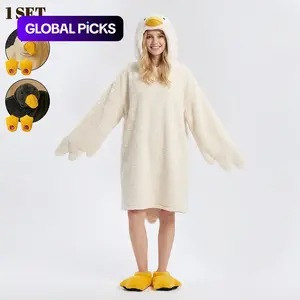 Oversized Goose Wearable Blanket Hoodie, Super Soft Cozy Flannel Fleece Onesie Pajama Set, Warm Plush Loungewear with Free Slippers, Duck