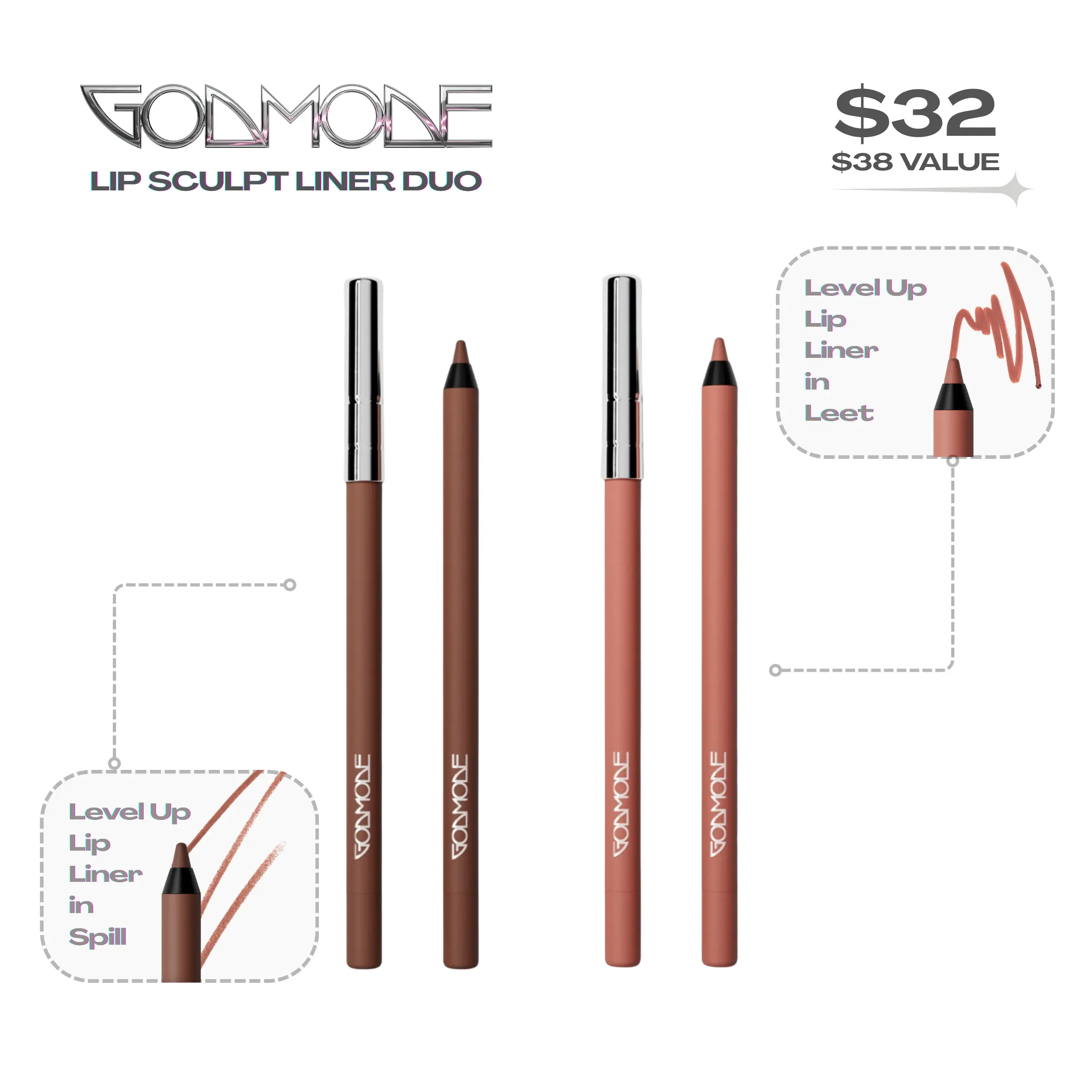 GODMODE Lip Sculpt LipLiner Duo, Smooth All-day Stay MakeUp, Cosmetic Lipliner