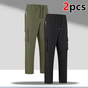 Men's Spring/Fall New Solid Color Work Pants Two-Pack, Functional Casual Style with Drawstring Waist Adjustment, Side Zipper Pockets, and Large Cargo Pocket Design, Suitable for Practical Men's Daily Commute or Light Outdoor Recreation