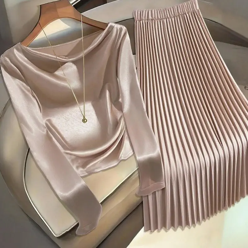 Elegant Women's Two-Piece Set Outfit, Long Sleeve Top & Pleated Skirt, New Fashion, Stylish and Graceful, Perfect for Various Occasions, Solid