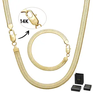 Vivid [New Upgraded Set]  14K Gold Plated Dainty Herringbone Choker Necklace for Women Man Snake Sleek Flat SnakeChain Necklaces Multiple Lengths Jewelry