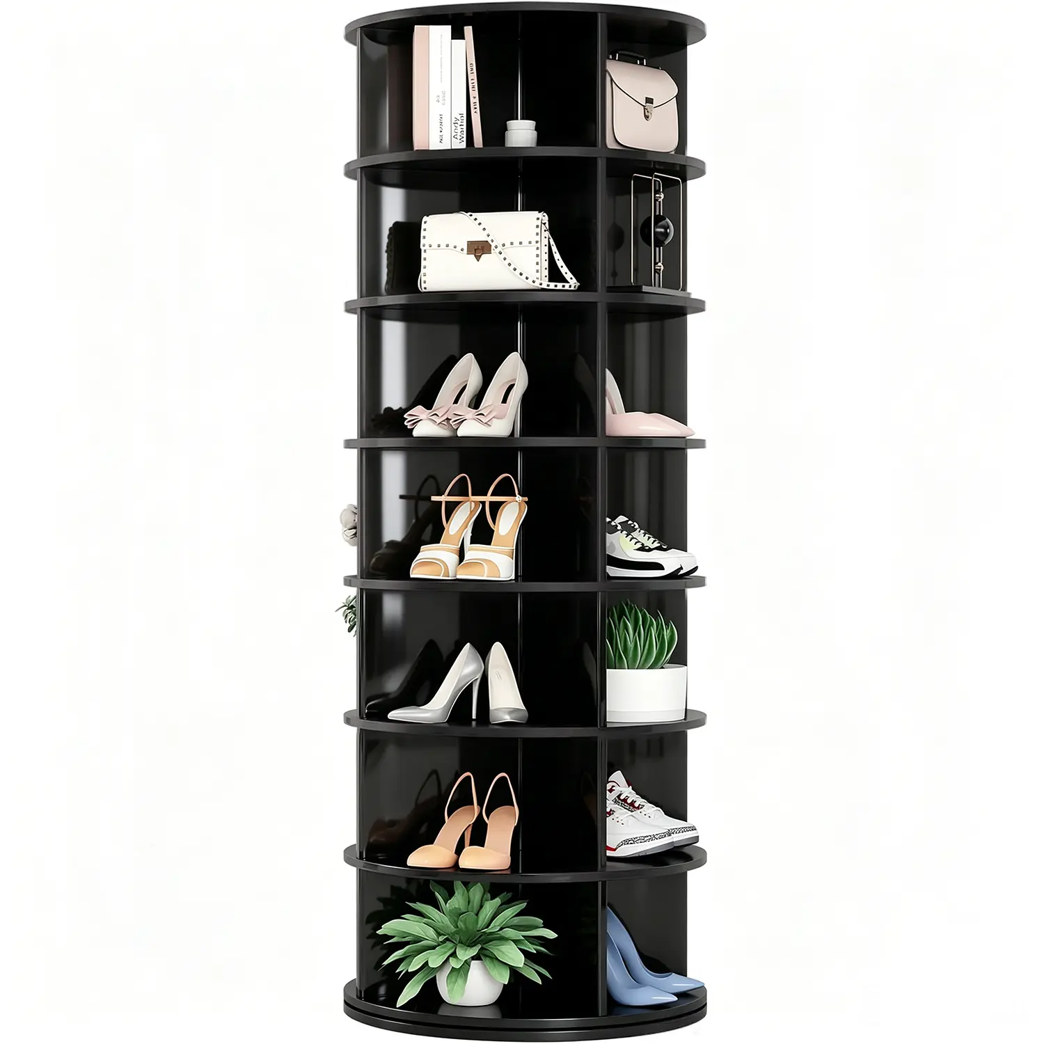 Glossy Finish Rotating Shoe Rack – 7 Tier 360° Spinning Shoe Organizer Tower, Holds 28-32 Pairs, Lazy Susan Revolving Shoe Storage Cabinet, Rotating Carousel for Shoes & Handbags, Space-Saving for Closet Bedroom