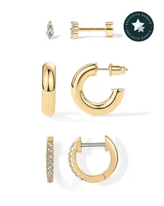PAVOI 14K Gold Plated Earring Set for Women - CZ Deux Stud, Lightweight Chunky Hoop, CZ Huggie Earring & Cubic Zirconia Ear Jacket - Trendy Earring Pack
