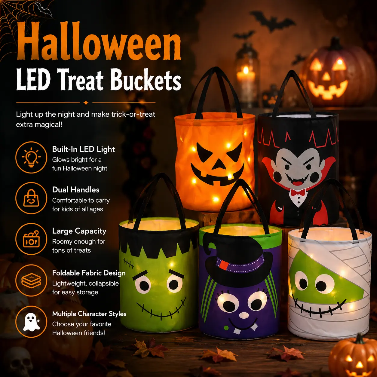 Light-Up Halloween Pumpkin Candy Bucket – Dual Handle Design for Kids & Toddlers – Built-In LED Glow Light for Night Safety – Durable PP Material Jack-O-Lantern Basket – Perfect for Trick-or-Treating, Parties & Fall Harvest Decorations