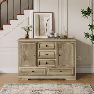 OP-Garvee Modern Classic  Sideboard Buffet Cabinet with 5 Drawers and 2 Doors, 47" Kitchen Storage Cabinet, Wood Coffee Bar Cabinet with Adjustable Shelves for Dining Room Living Room