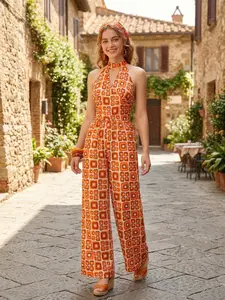 RETRO STAGE Women's 1960s Sleeveless Fitted Mandarin Collar Geometric Print Hippie Bohemian Overalls Jumpsuit