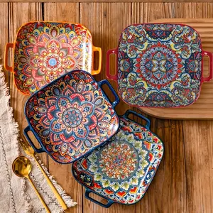 Bohemian Ceramic Salad Plates Set of 2, Dual Handle Baking Dish, Oven and Microwave Safe, Vibrant Floral Design, Ideal for Pasta