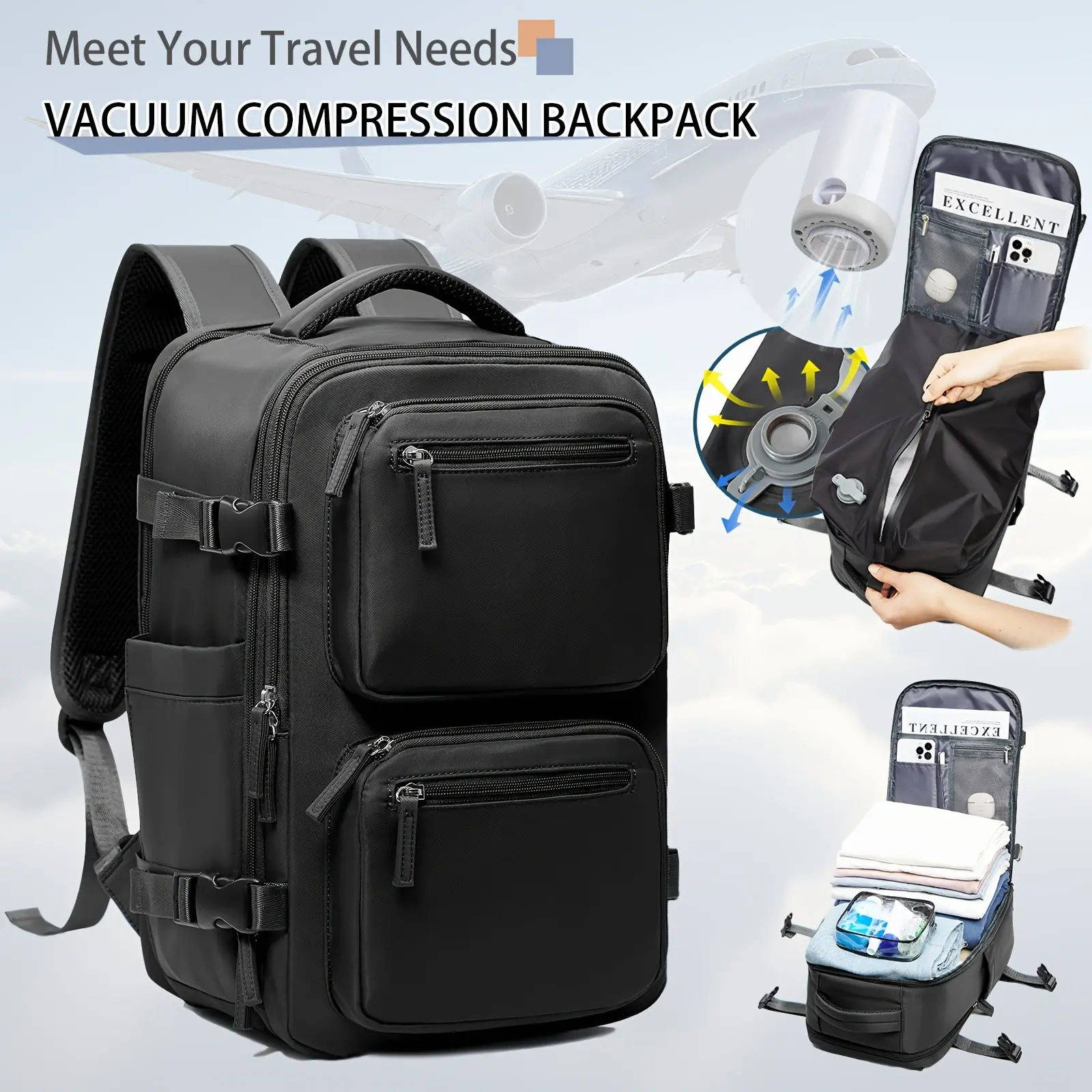 Vacuum Travel Backpack Carry on Compression Backpack with Air Pump, Flight Approved Carry on Compression Daypack Space Saver Bags Overnight Backpack Men Women, Hand Luggage Suitcase Backpack, Laptop Bag