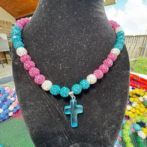 Handcrafted Beaded Rhinestone Necklace with Dark Pink Teal and White Beads, Featuring Teal Charm Cross Pendant
