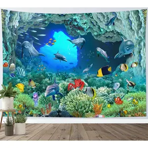 HVEST Blue Ocean Dolphin Tapestry Tropical Fish and Coral Reef in Cave Under Deep Sea Tapestry Wall Hanging Ocean Wall Art for Kids Bedroom Living Room Dorm Birthday Party Wall Decor,60Wx40H inches Landscape Nature