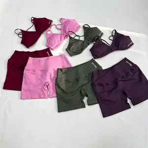 Women's DFYNE 2-Piece Seamless Workout Set, Criss Cross Back Padded Sports Bra + High Waist Peach Butt Scrunch Biker Shorts, 4-Way High Stretch Moisture Wicking Breathable Squat Proof Knit Athletic Outfit For Yoga Gym Daily Athleisure