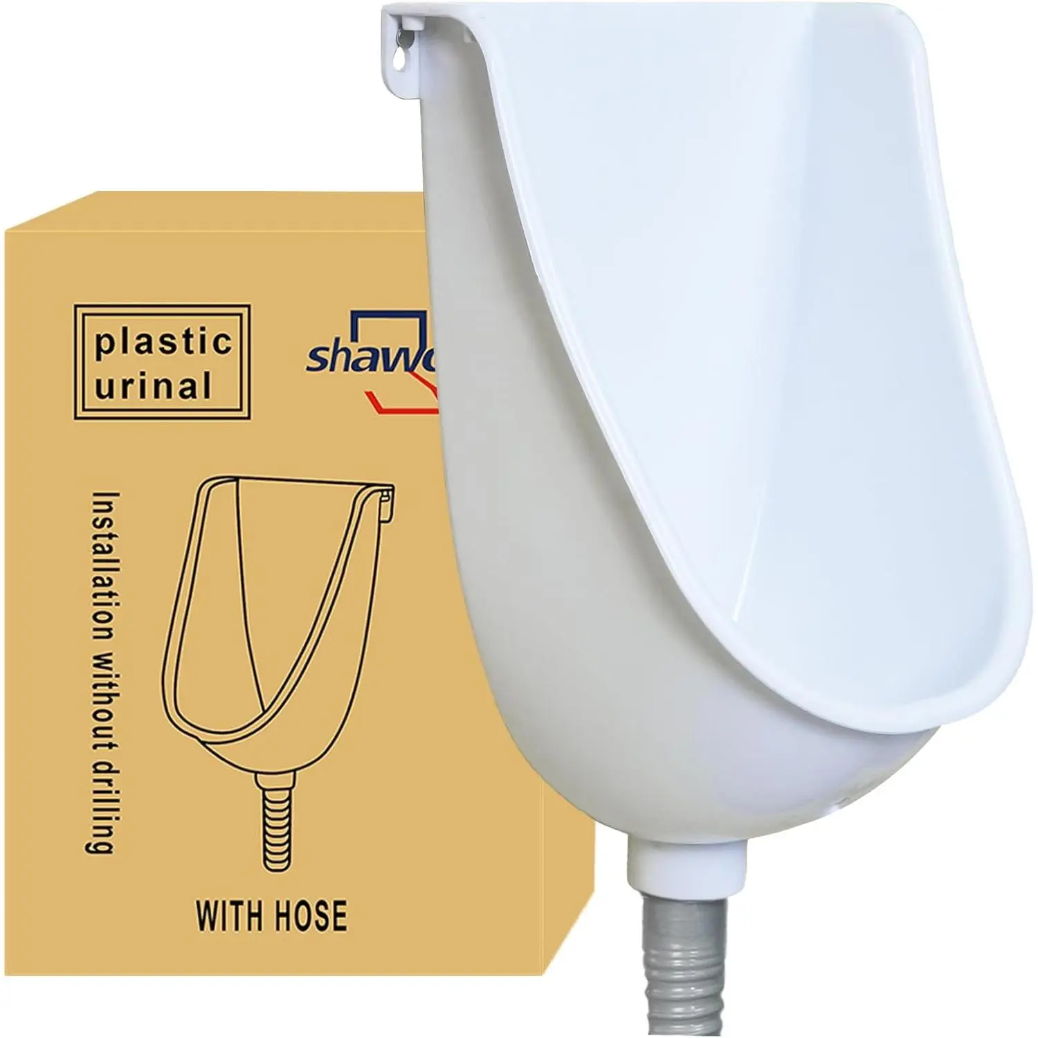 White Male Portable No-Drill Wall-Mounted Waterless Plastic Urinal, with Urine Diverter Hose for Garage, Bathroom, Outdoor Use
