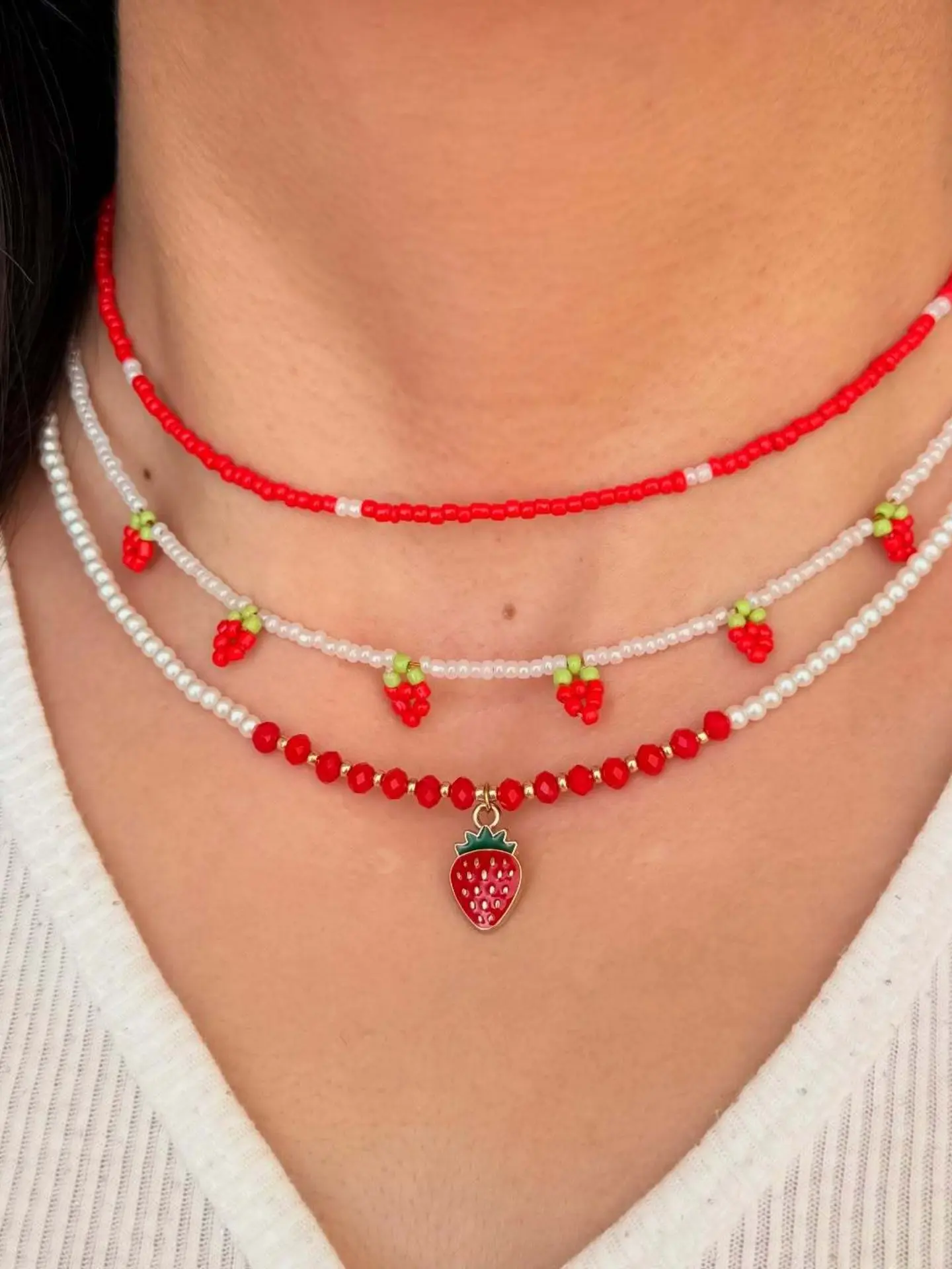 Summer Multicolor Pearl Necklace Set, Fashionable Strawberry Pendant, Cute Soft Clay Bead Chain, Women's Jewelry, New Arrival, Layered Necklace, Beaded Necklace