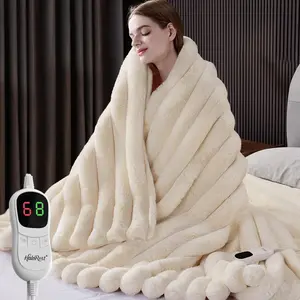 Heated Throw Blanket Faux Fur Cozy Heating Blanket with Overheat Protection 1/2/4/6/8 Hours Auto-Off 10 Heat Level Machine Washable 50x60 Inches Cream White