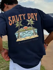 Salty Day Tropical Beach Graphic T-Shirt | Men's Oversized Cotton Vintage Y2K Casual Round Neck Tee, Breathable Quick Dry Streetwear, Retro Island Sunset Print Casual Top, Summer Loose Fit Short Sleeve Tee for Vacation Surfing Daily Outdoor Activities