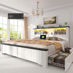 Raybee Luxury Modern King Size LED Bed Frame with Charging Station on Headboard, 4 Storage Drawers and 6 Open Shelf, Platform Bed Frame with 900LBS Capacity, Metal Slats, No Noise, No Box Sping Needed, Old Rich American Style, Black & White, Walnut