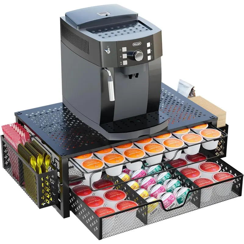 Coffee Pod Holder for K Cups, with 2 Tier Slidng Storage Drawer and Coffee Accessories Holder, 63 Large or 80 Small Capsule Organizer, Black